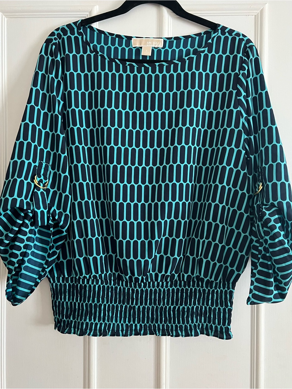 Michael Kors Teal Geometric Smocked Hem Blouse